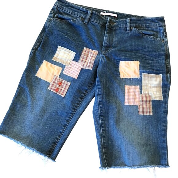 Boho Patchwork Cutoffs, M: Upcycled Denim Cut-Off Shorts, Orange Brown Plaid - Picture 1 of 9